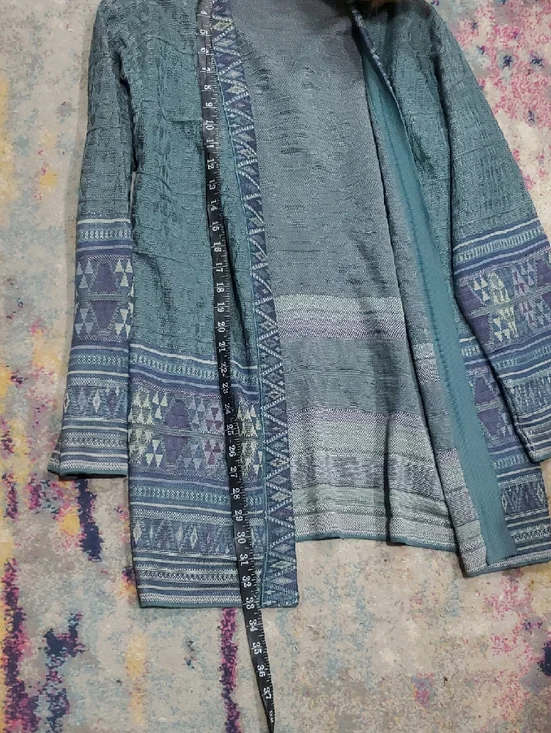 Peruvian Connection Boho Teal Kimono Cardigan with Aztec Pattern Size L - Picture 15 of 15